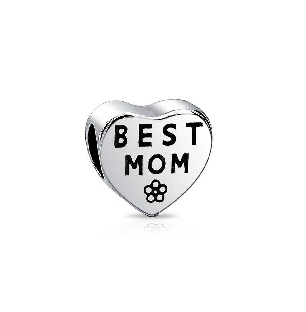 Bling Jewelry Heart Flower 'Best Mom' Charm Bead for Mother Sterling Silver Fits European Bracelet