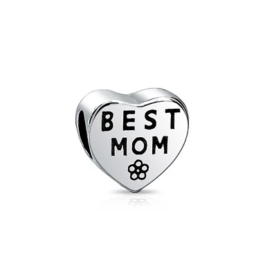 Bling Jewelry Heart Flower 'Best Mom' Charm Bead for Mother Sterling Silver Fits European Bracelet