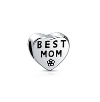 Bling Jewelry Heart Flower 'Best Mom' Charm Bead for Mother Sterling Silver Fits European Bracelet