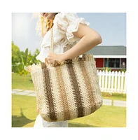 Women's The Straw-Striped Tote Bag - Ecru Beige:Mocha Brown
