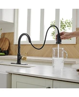Single-Handle Pull-Down Sprayer 3 Spray High Arc Kitchen Faucet With Deck Plate Oil Gold&Black