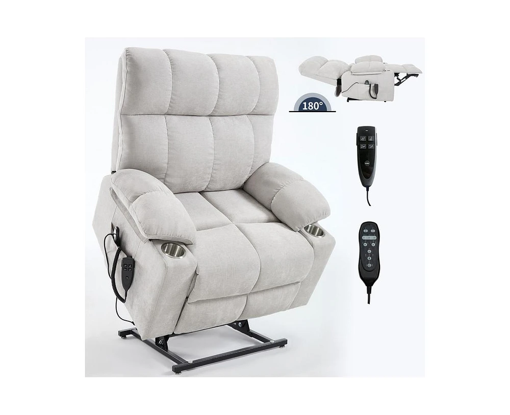 Dual Motor Infinite Position Up to 350 Lbs Chenille Power Lift Recliner Chair with 8-Point Vibration Massage and Lumbar Heating Dual Cup Holders