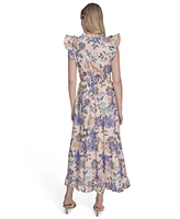 Vince Camuto Women's Cotton Printed V-Neck Ruffled Midi Dress