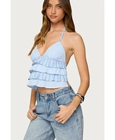 Edikted Women's Tiered Ruffle Backless Striped Halter Top