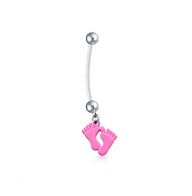 Bling Jewelry Mother To Be Pink Feet Dangle Navel Belly Ring Silver Tone Surgical Steel