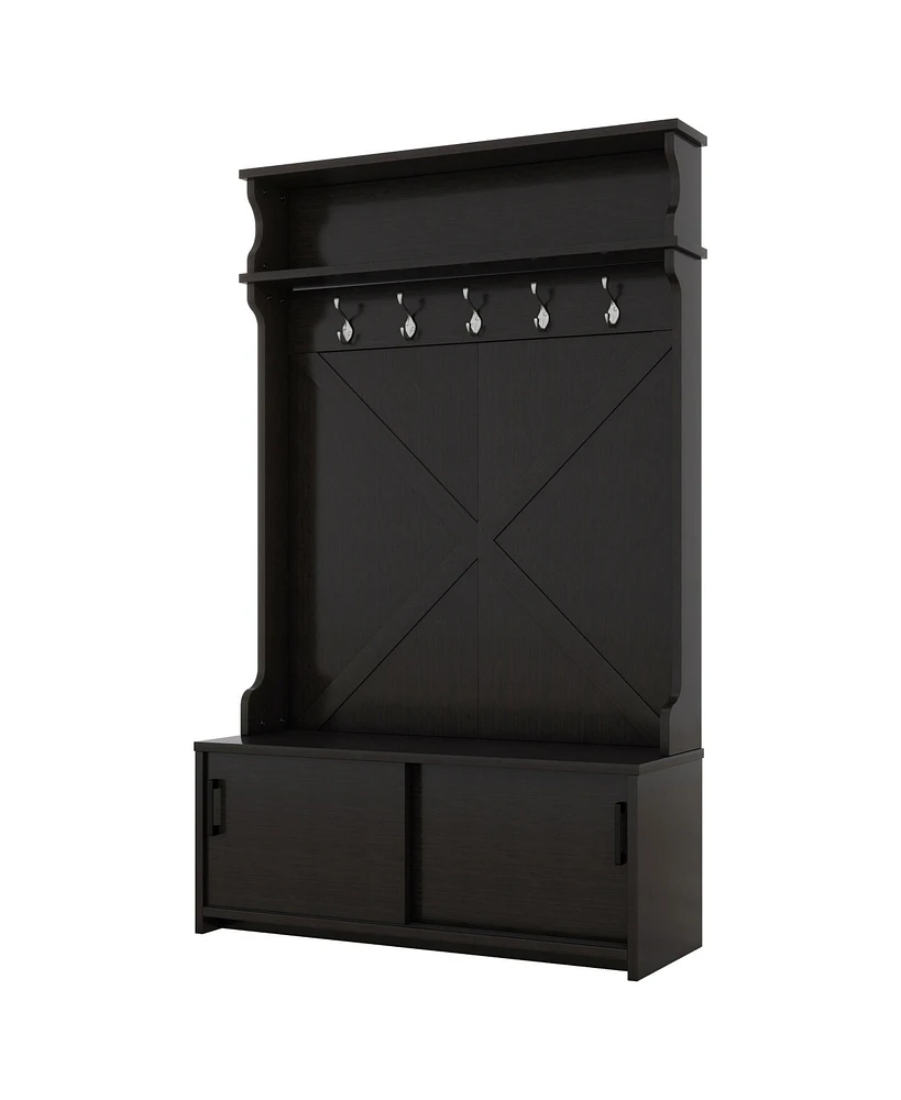 Boyel Living Hall Tree with Top Shelf and Storage Bench, Hallway Shoe Cabinet Sliding Doors, Coat Rack 5 Hanging Hooks for Entryways