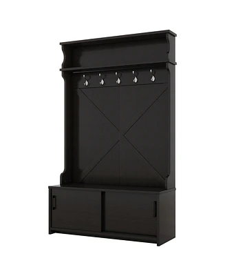 Boyel Living Hall Tree with Top Shelf and Storage Bench, Hallway Shoe Cabinet Sliding Doors, Coat Rack 5 Hanging Hooks for Entryways
