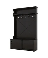 Boyel Living Hall Tree with Top Shelf and Storage Bench, Hallway Shoe Cabinet Sliding Doors, Coat Rack 5 Hanging Hooks for Entryways