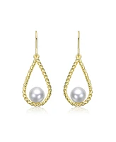 14K Gold Plated with White Pearl Twisted Teardrop Dangle Earrings