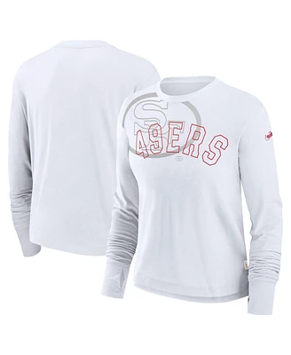 Nike Women's White San Francisco 49ers Layered Logo Cropped Long Sleeve Fashion T-Shirt