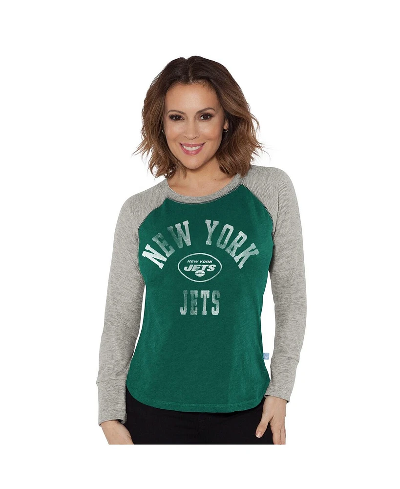 G-iii 4Her by Carl Banks Women's Green/Heather Gray New York Jets Waffle Knit Raglan Long Sleeve T-Shirt