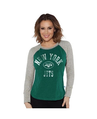 G-iii 4Her by Carl Banks Women's Green/Heather Gray New York Jets Waffle Knit Raglan Long Sleeve T-Shirt
