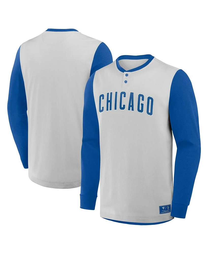 Fanatics Men's Gray/Royal Chicago Cubs Clubhouse Long Sleeve Henley Shirt