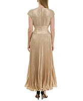 Taylor Women's Metallic V-Neck Cap-Sleeve Pleated Gown