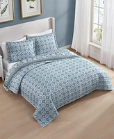 Bebejan Aquamarine Medallion 100% Cotton Sateen 3 Piece Queen Size Reversible Quilted Coverlet Set