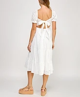 Crystal Doll Juniors' Cotton Eyelet Tie-Back Tiered Dress