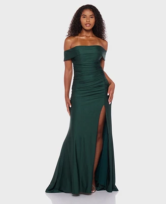 B Darlin Juniors' Shiny Knit Off-The-Shoulder Maxi Dress