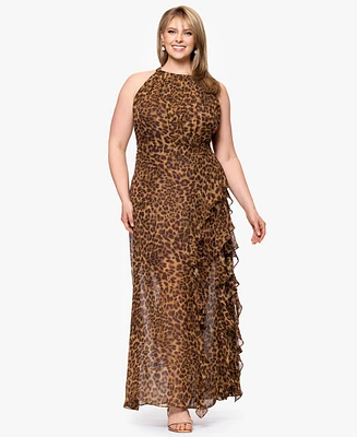 Betsy & Adam Plus Printed Halter Long Sheath Dress