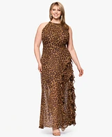 Betsy & Adam Plus Printed Halter Long Sheath Dress