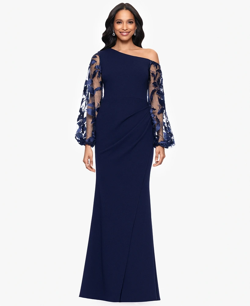 Betsy & Adam Petites Scuba Crepe Asymmetrical-Neck Long Dress
