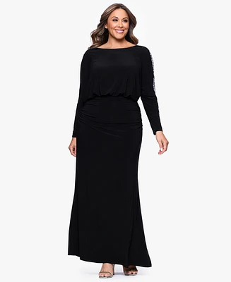 Betsy & Adam Plus Scoop-Neck Long-Beaded-Sleeve Dress