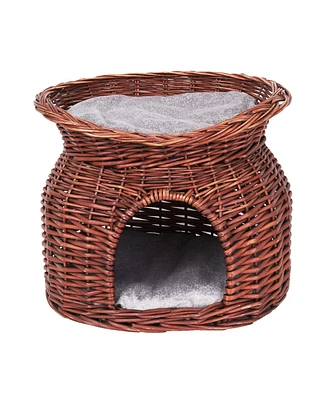 Bingopaw 2-in-1 Handwoven Willow Cat Bed & Storage Basket: Breathable, Reinforced Base, Arched Entry, 2-Tier