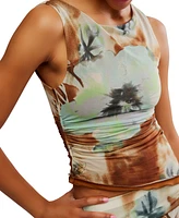 Free People Women's Ash Printed Ruched Mesh Top