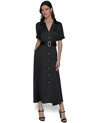 Karl Lagerfeld Paris Women's Belted Satin Shirtdress