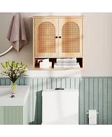 Slickblue Bathroom Wall Cabinet with Adjustable Shelves Open Cube and Rattan Doors