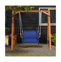 1-Person Rattan Hanging Porch Swing Seat with Cushions and Ropes