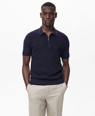 Mango Men's Openwork Knitted Zipper Polo Shirt