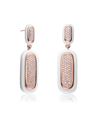 Rachel Glauber 18K Rose Gold Plated with Clear Cubic Zirconia White Ceramic Drop Earrings
