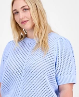On 34th Trendy Plus Diagonal-Knit Puff-Sleeve Sweater, Exclusively at Macy's