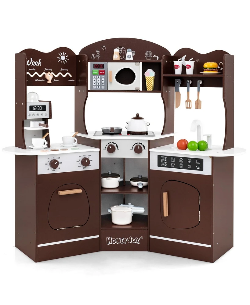 Corner Wooden Play Kitchen with Coffee Machine and Slide for Kids
