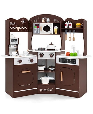 Corner Wooden Play Kitchen with Coffee Machine and Slide for Kids