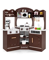 Corner Wooden Play Kitchen with Coffee Machine and Slide for Kids
