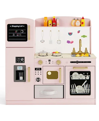 Wooden Kids Kitchen Playset with Chalkboard Ice Maker Sink Lighted Microwave