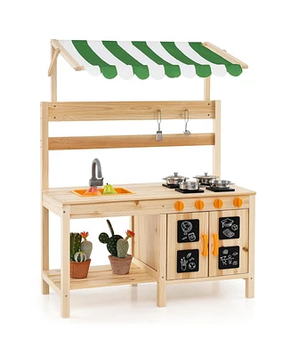 Mud Kitchen Fir Wood Play Kitchen with Canopy and Sink and 4 Stoves