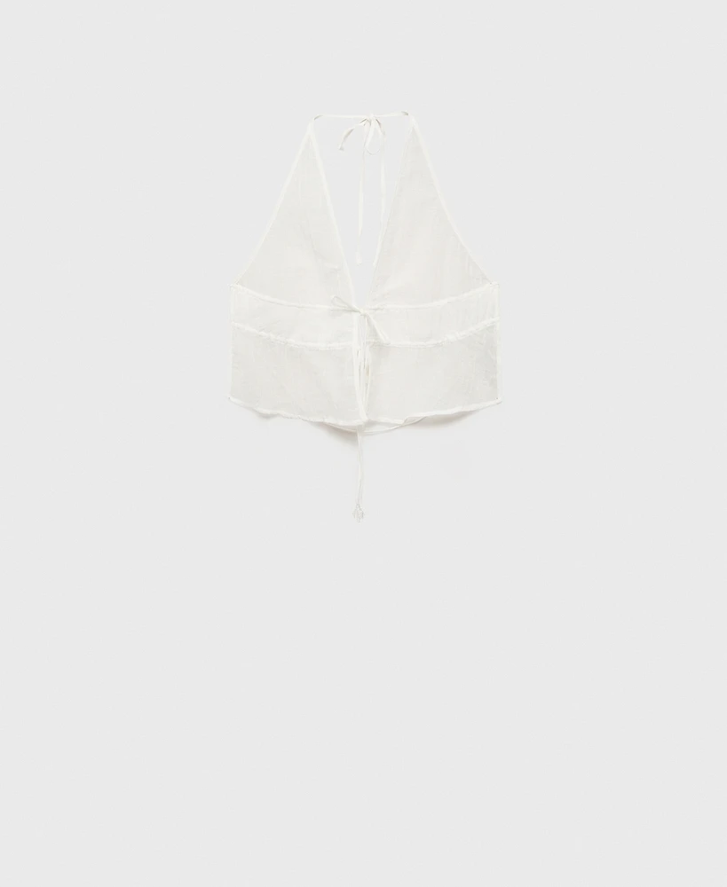 Mango Women's Bow Closure Ramie Crop Top