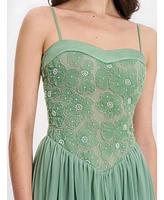 Miss Circle Women's Ucille Sage Green Embroidered Chiffon Maxi Dress