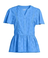 Lands' End Women's Short Sleeve Mixed Media Eyelet Top