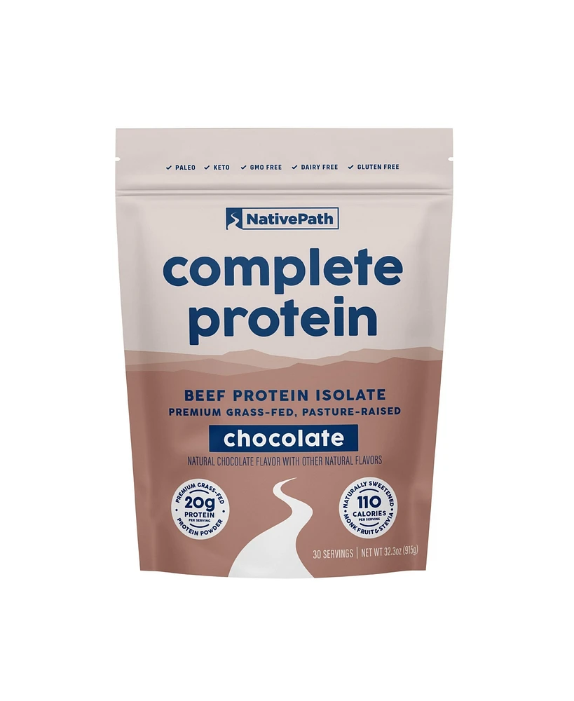 NativePath Complete Beef Protein Powder Isolate – 20g Protein, Chocolate Flavor, 30 Servings