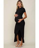 Pinkblush Black Mock Neck Front Slit Short Sleeve Maternity Maxi Dress