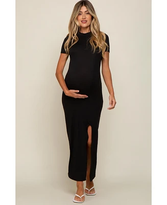 Pinkblush Black Mock Neck Front Slit Short Sleeve Maternity Maxi Dress