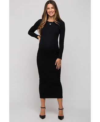 Pinkblush Maternity Black Ribbed Fitted Long Sleeve Midi Dress