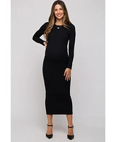 Pinkblush Maternity Black Ribbed Fitted Long Sleeve Midi Dress