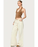 Edikted Women's Contrast Stitch Low Rise Wide Leg Jeans