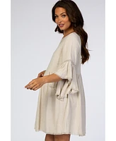 Pinkblush Beige Raw Edge Bell Sleeve Babydoll Maternity Dress