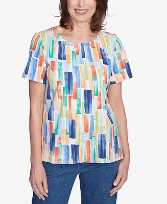 Alfred Dunner Petite Stained Glass Pleated Crew Neck Top