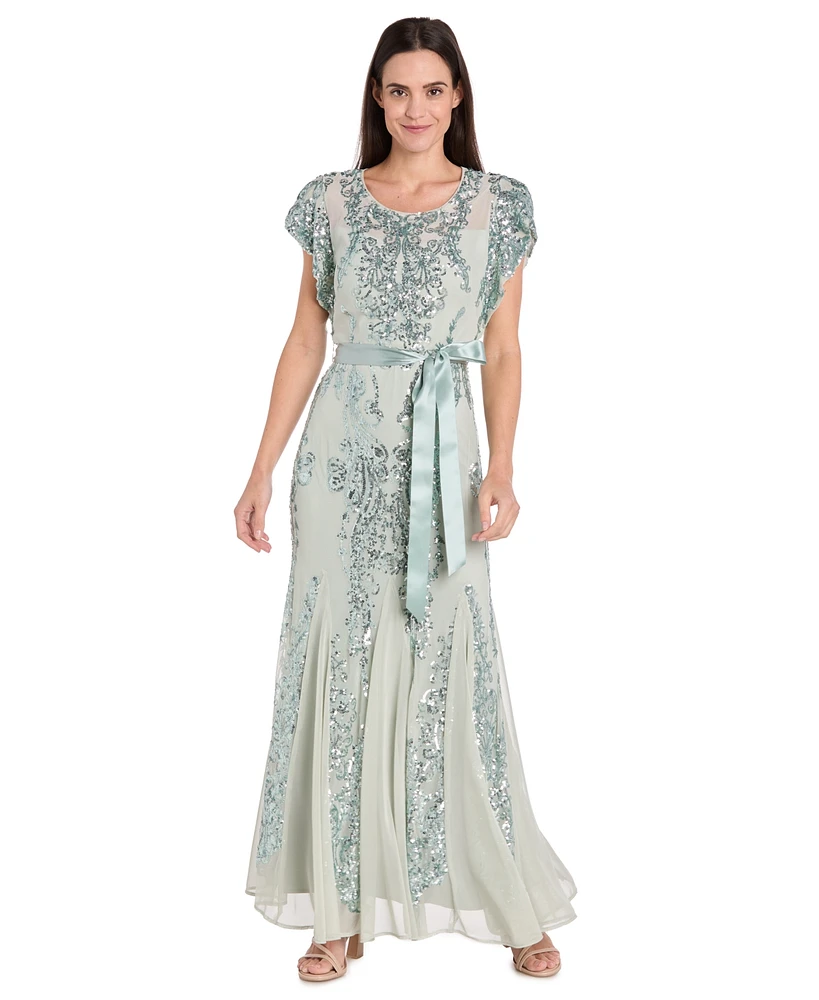 R & M Richards Women's Short-Sleeve Sequined Gown
